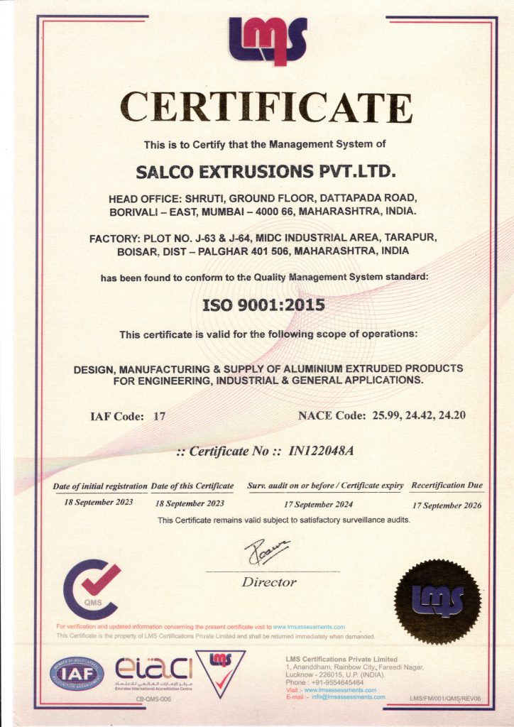 ISO:9001:2015 Certified Aluminum Extrusion Manufacturing Company
